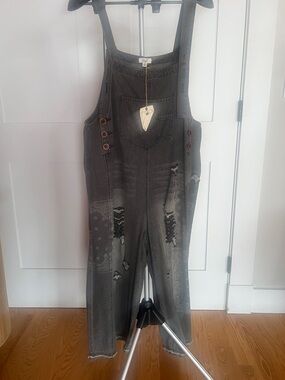 easel Distressed Gray Denim Overalls Jumpsuit
